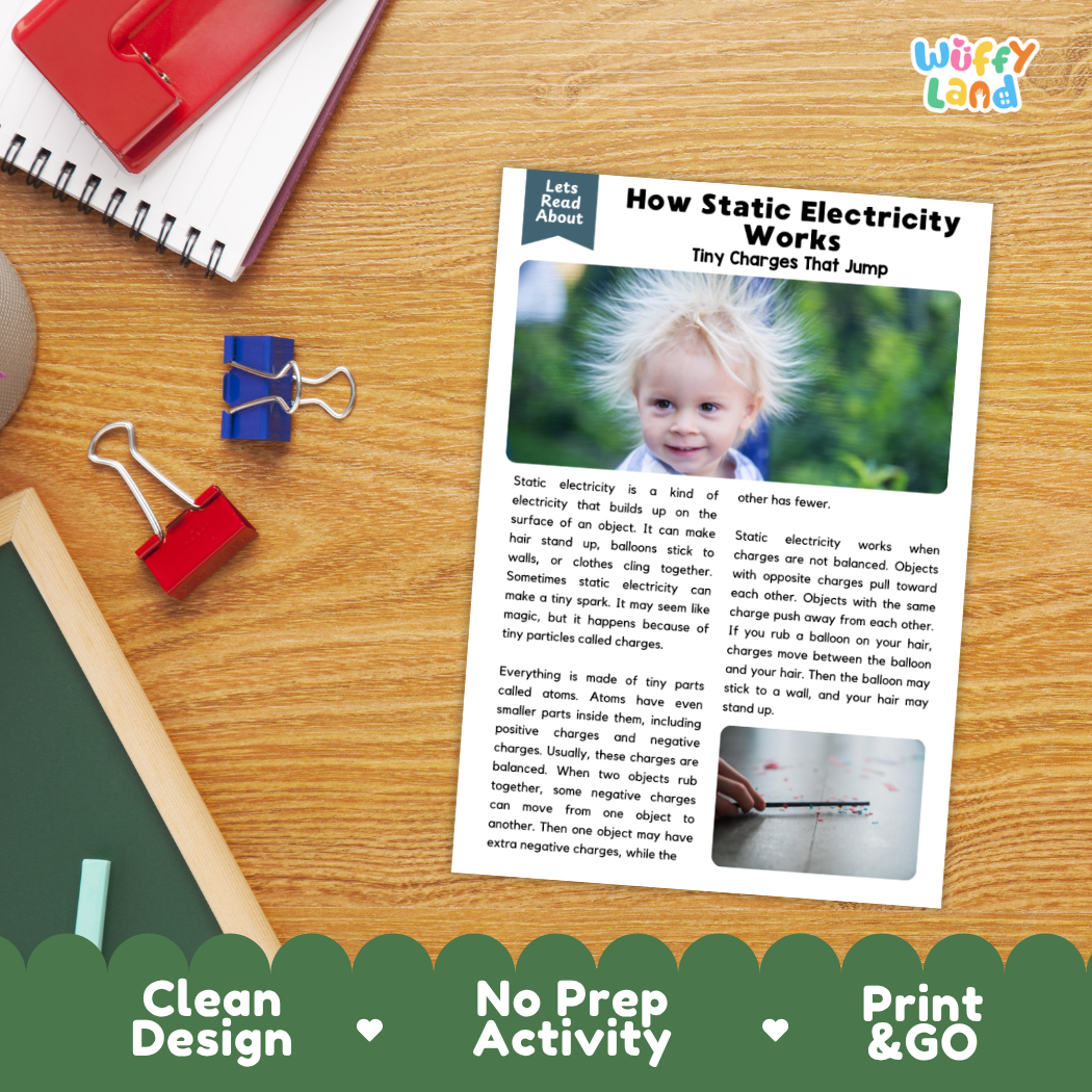 Student reading comprehension worksheet with short-answer questions and lined sections about how static electricity works