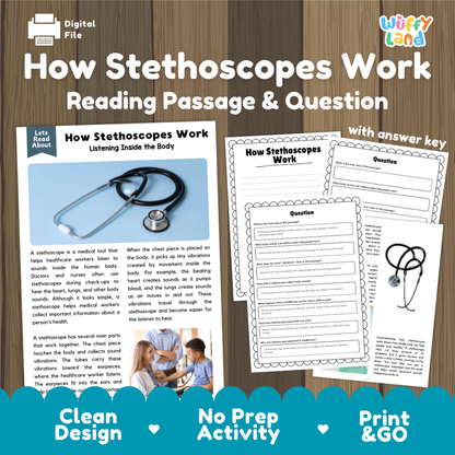 How Stethoscopes Work reading comprehension passage and questions activity pack with full answer key for students