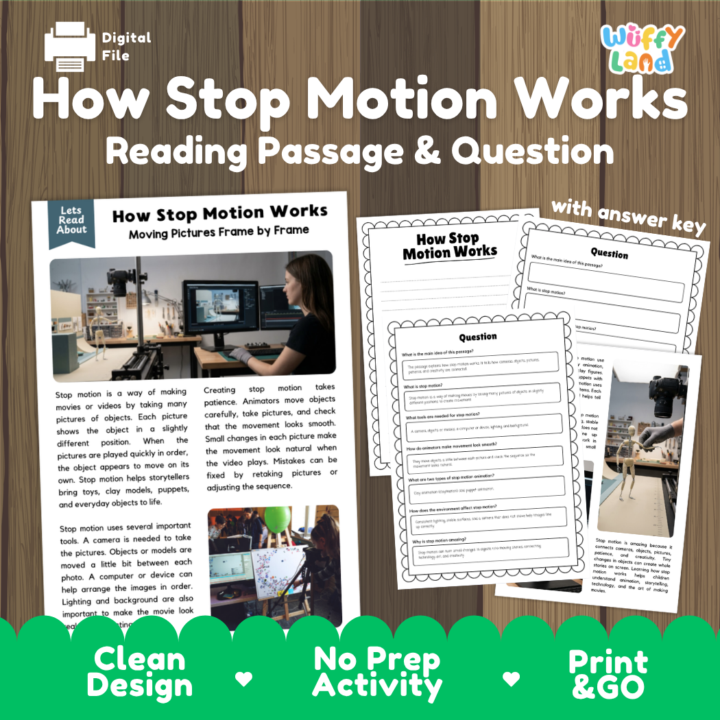 How Stop Motion Works reading comprehension passage and questions activity pack with full answer key for students