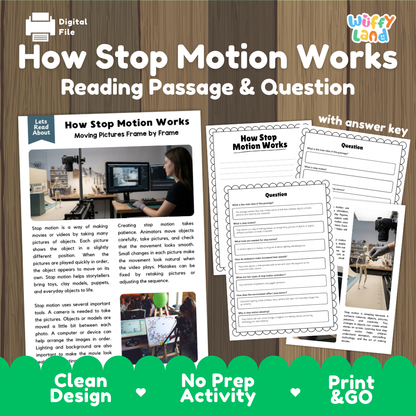 How Stop Motion Works reading comprehension passage and questions activity pack with full answer key for students
