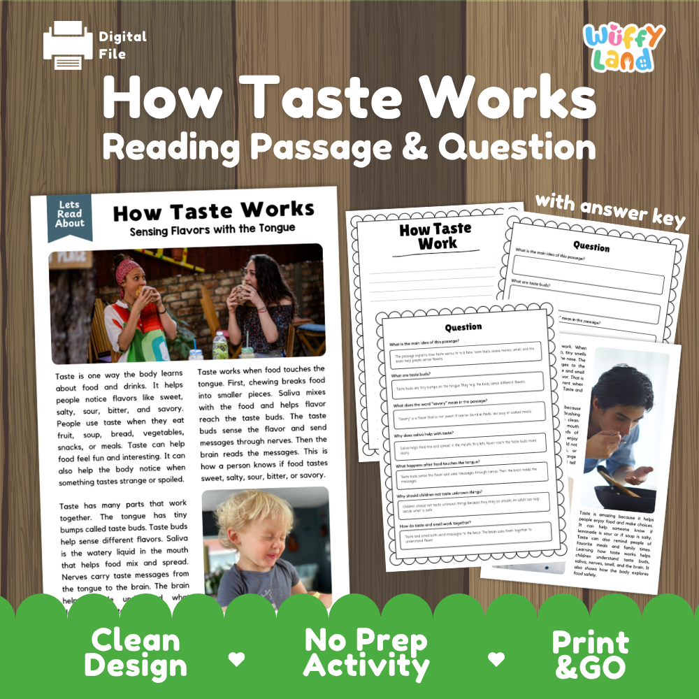 How taste works reading comprehension passage and questions printable activity pack with answer key for elementary students