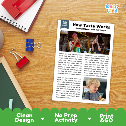Student reading comprehension worksheet with short-answer questions and lined sections about how taste works