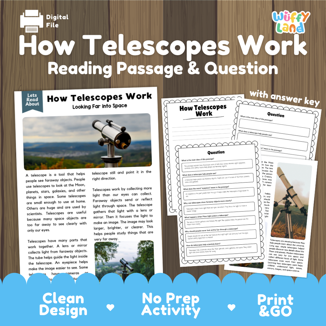 How Telescopes Work reading comprehension passage and questions printable activity pack with answer key for elementary students