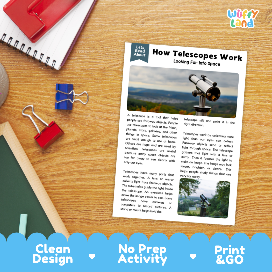 Student reading comprehension worksheet with short-answer questions and lined sections about how telescopes focus light