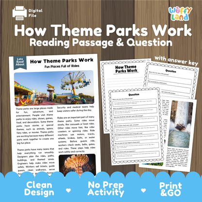 How Theme Parks Work reading comprehension passage and questions printable activity pack with answer key for elementary students