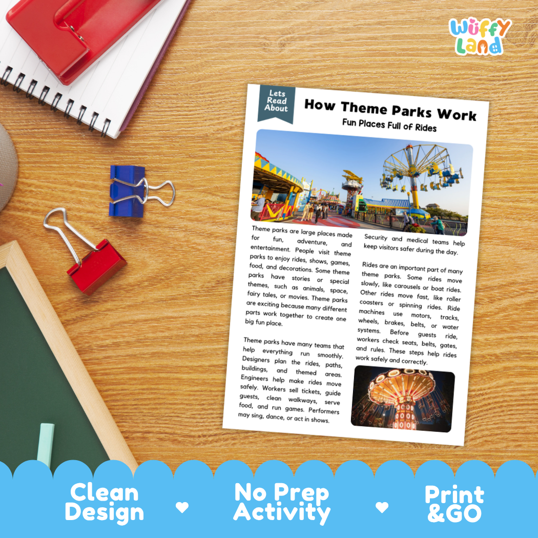 Student reading comprehension worksheet with short-answer questions and lined sections about how theme parks work