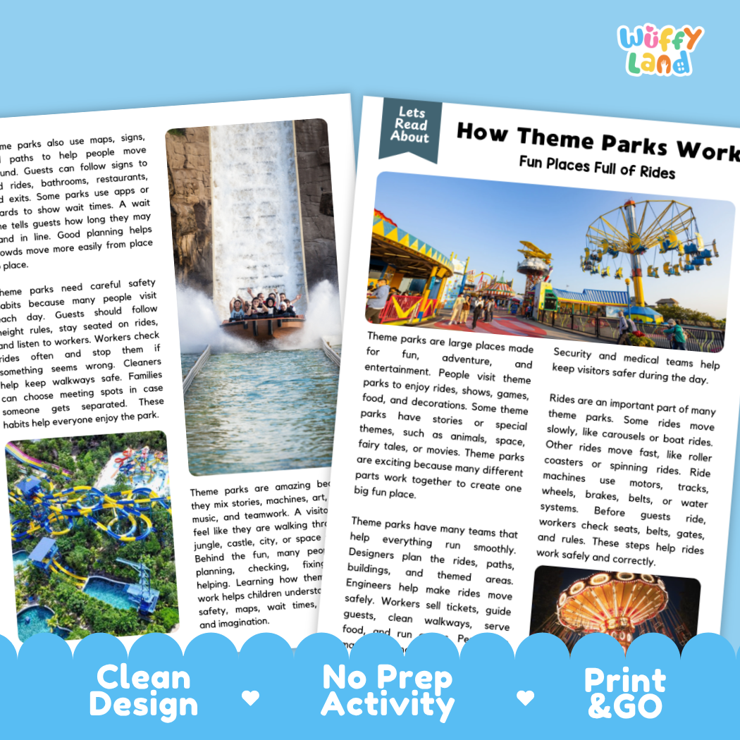 Teacher answer key page showing complete question solutions for theme park engineering and operations reading comprehension practice