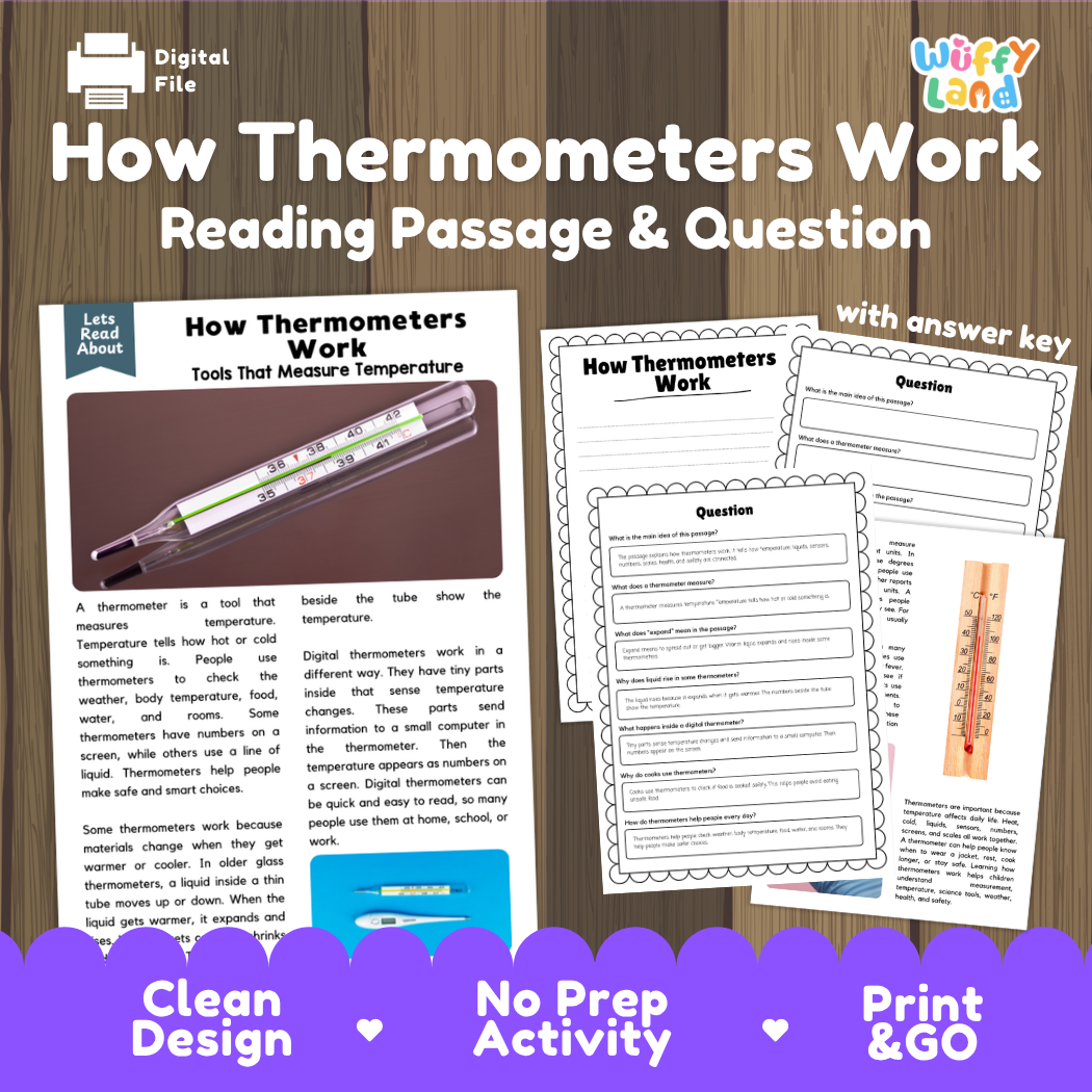 How Thermometers Work reading comprehension passage and questions activity pack with full answer key for students