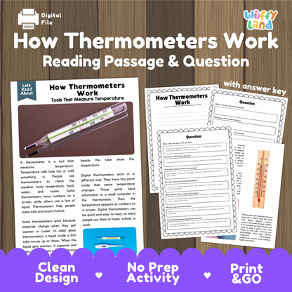 How Thermometers Work reading comprehension passage and questions activity pack with full answer key for students