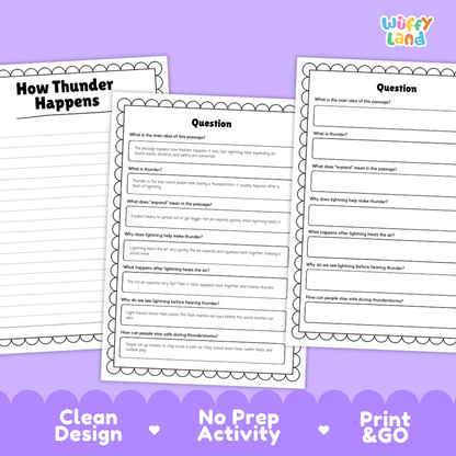 Educational reading passage explaining lightning heat, air expansion, sound waves, and how thunder happens