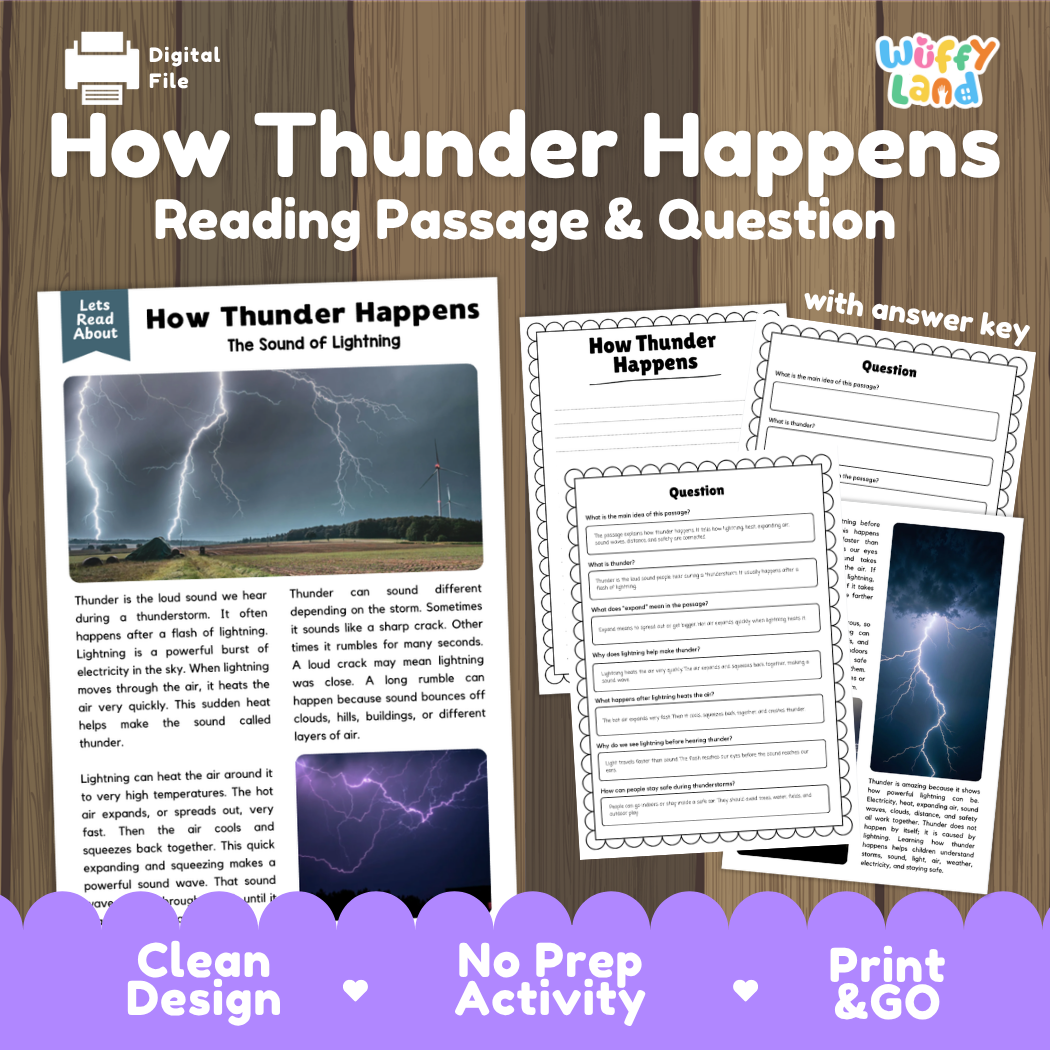 How Thunder Happens reading comprehension passage and questions activity pack with full answer key for students