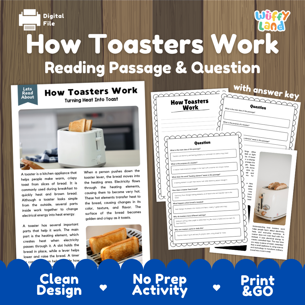 How Toasters Work reading comprehension passage and questions activity pack with full answer key for students
