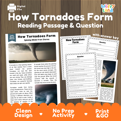 How tornadoes form reading comprehension passage and questions printable activity pack with answer key for elementary students