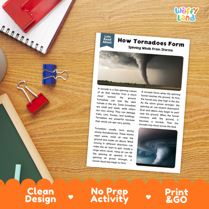 Student reading comprehension worksheet with short-answer questions and lined sections about how tornadoes form
