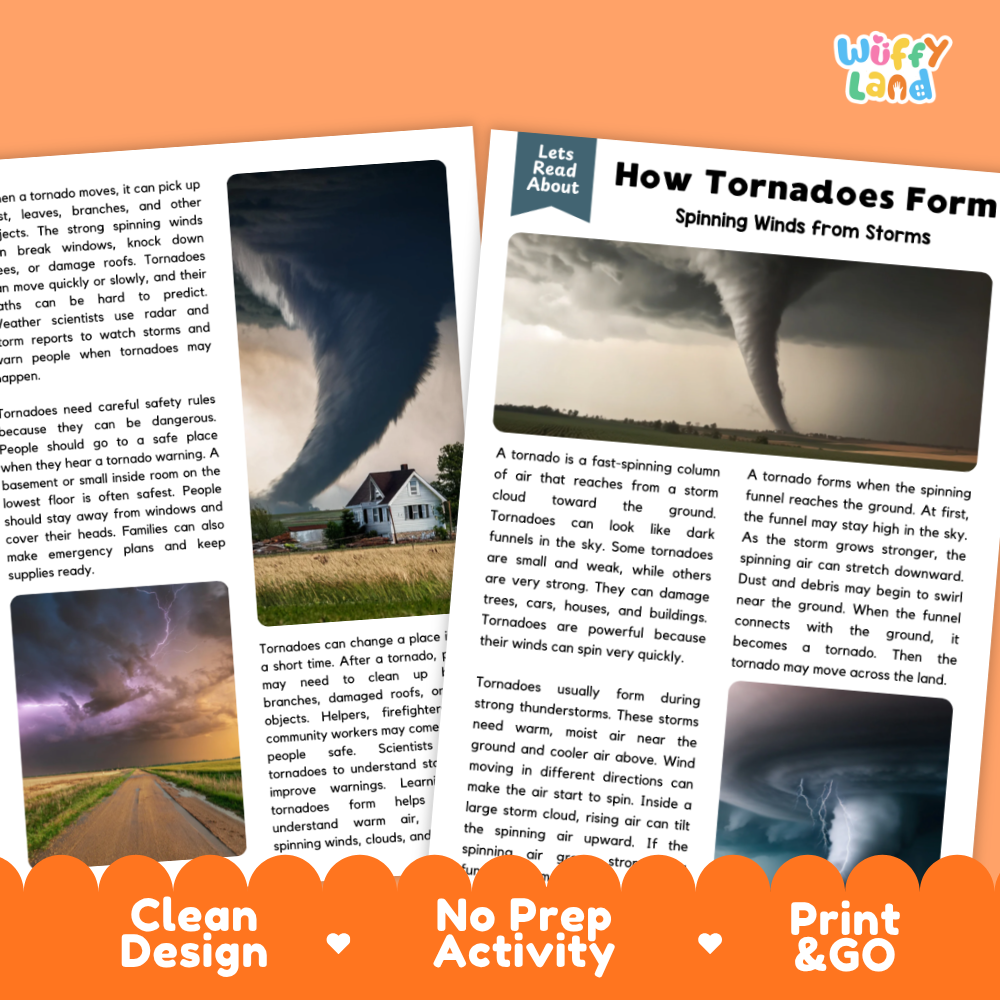 Teacher answer key page showing complete question solutions for how tornadoes form reading comprehension practice