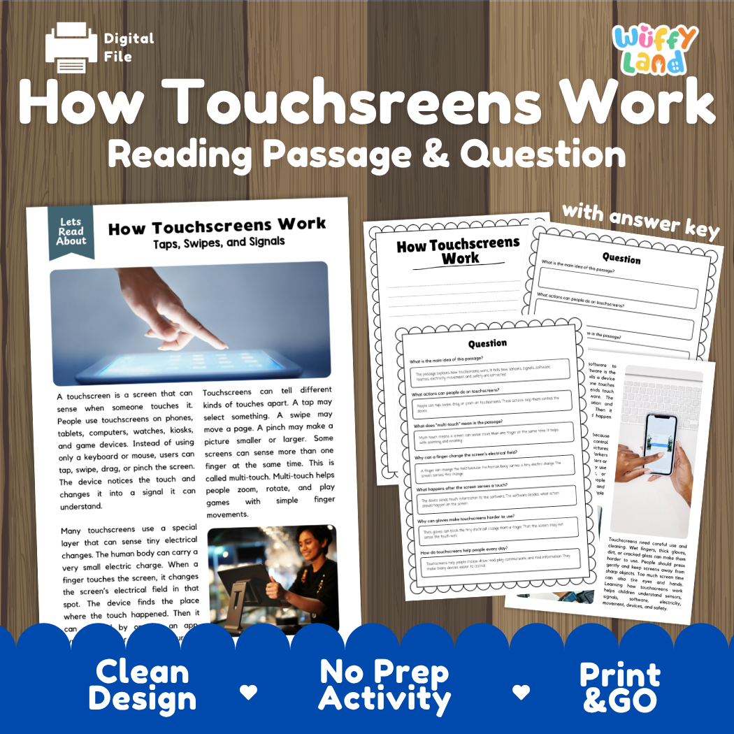 How Touchscreens Work reading comprehension passage and question worksheets pack with complete answer key