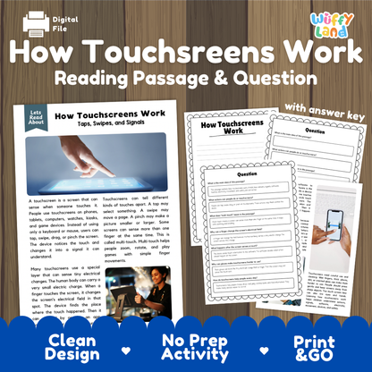 How Touchscreens Work reading comprehension passage and question worksheets pack with complete answer key