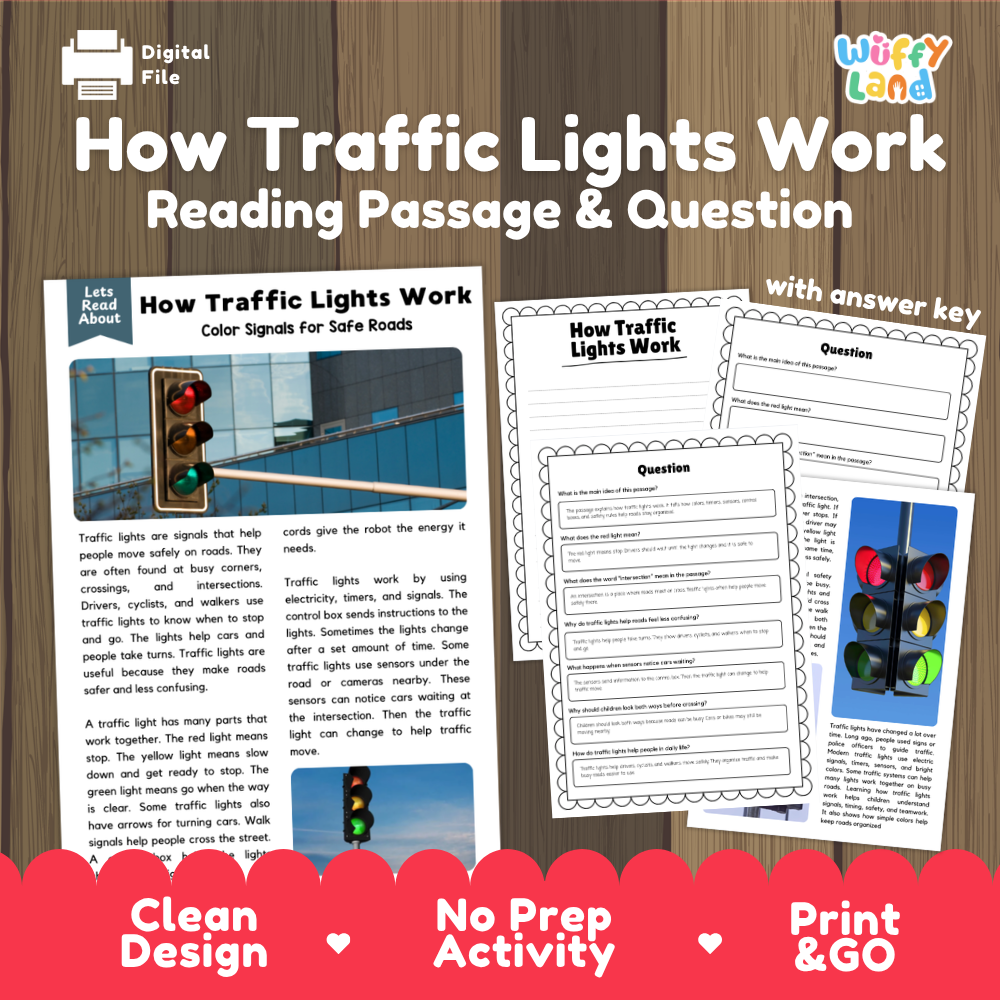 How traffic lights work reading comprehension passage and questions printable activity pack with answer key for elementary students