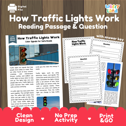 How traffic lights work reading comprehension passage and questions printable activity pack with answer key for elementary students