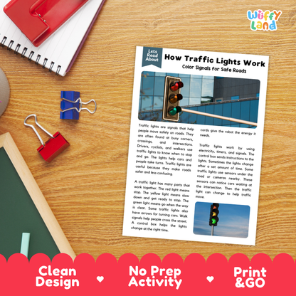 Student reading comprehension worksheet with short-answer questions and lined sections about traffic light operation