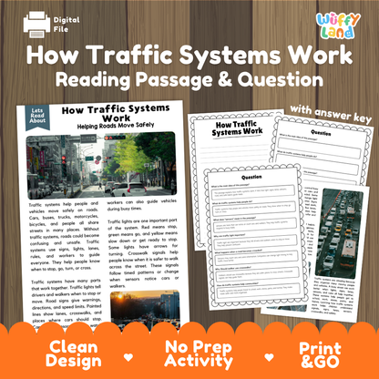 How Traffic Systems Work reading comprehension passage and questions printable activity pack with answer key for elementary students