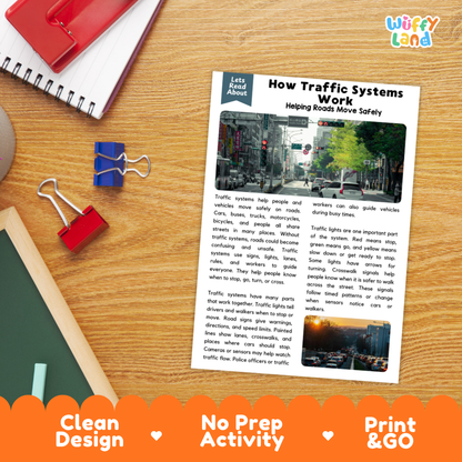 Student reading comprehension worksheet with short-answer questions and lined sections about how traffic systems work