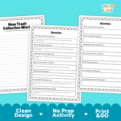 Educational reading passage explaining garbage trucks, landfills, recycling centers, and how trash collection works