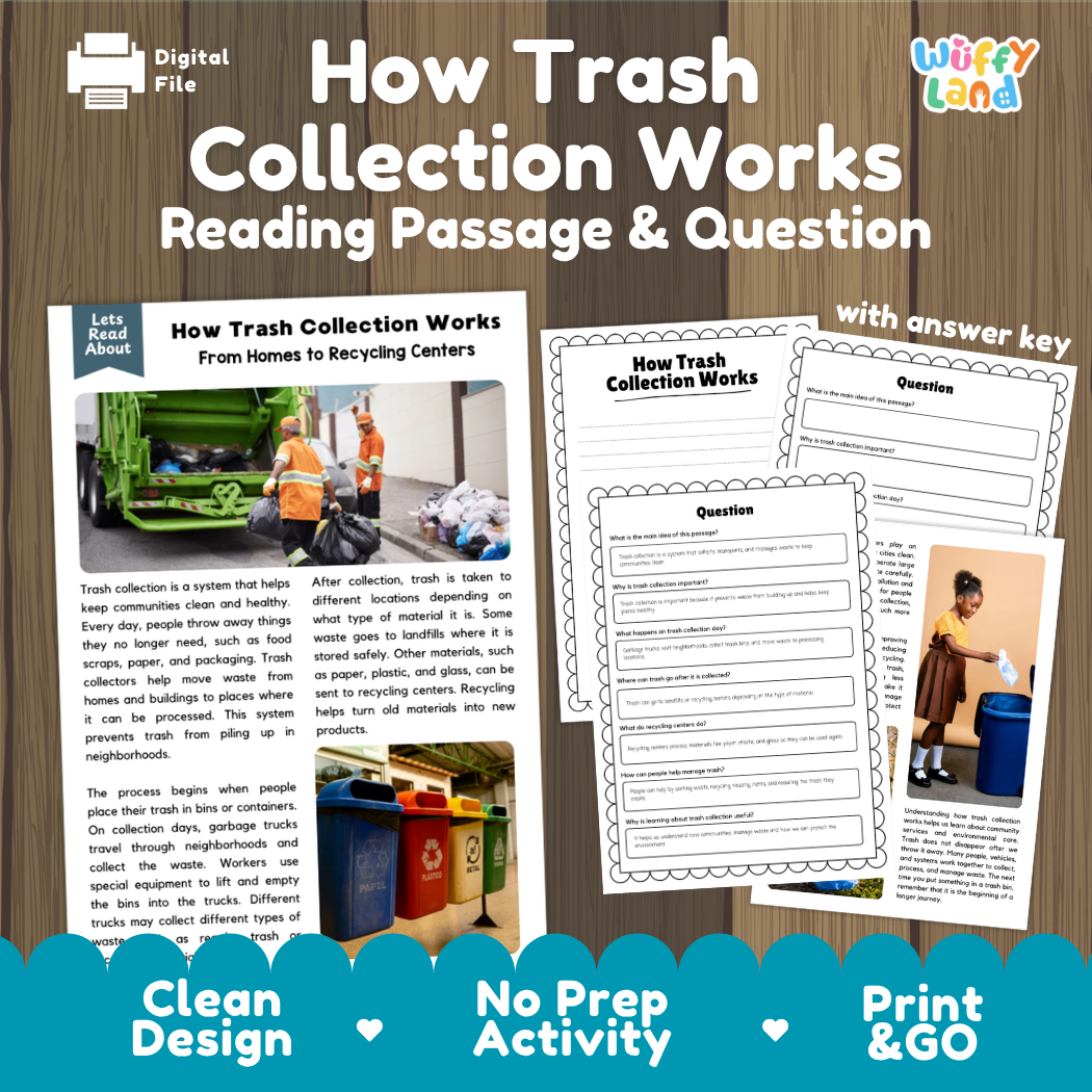 How Trash Collection Works reading comprehension passage and questions activity pack with full answer key for students