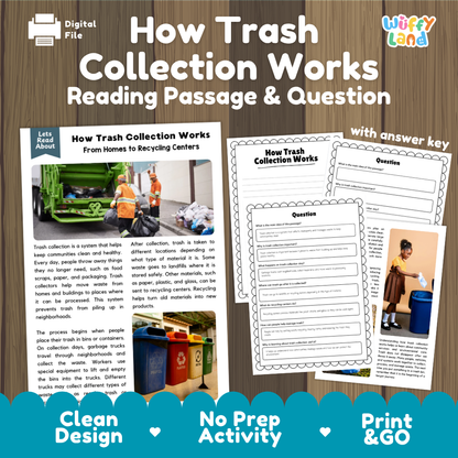 How Trash Collection Works reading comprehension passage and questions activity pack with full answer key for students