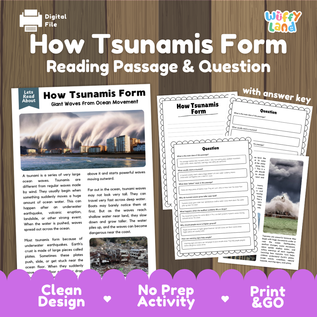 How Tsunamis Form reading comprehension passage and questions activity pack with full answer key for students