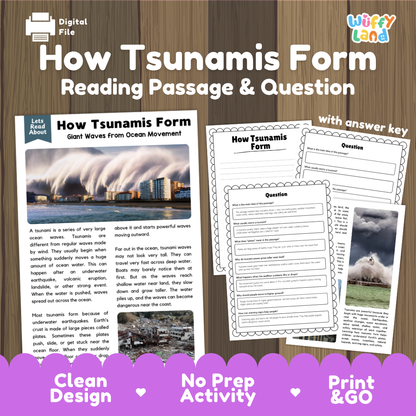 How Tsunamis Form reading comprehension passage and questions activity pack with full answer key for students