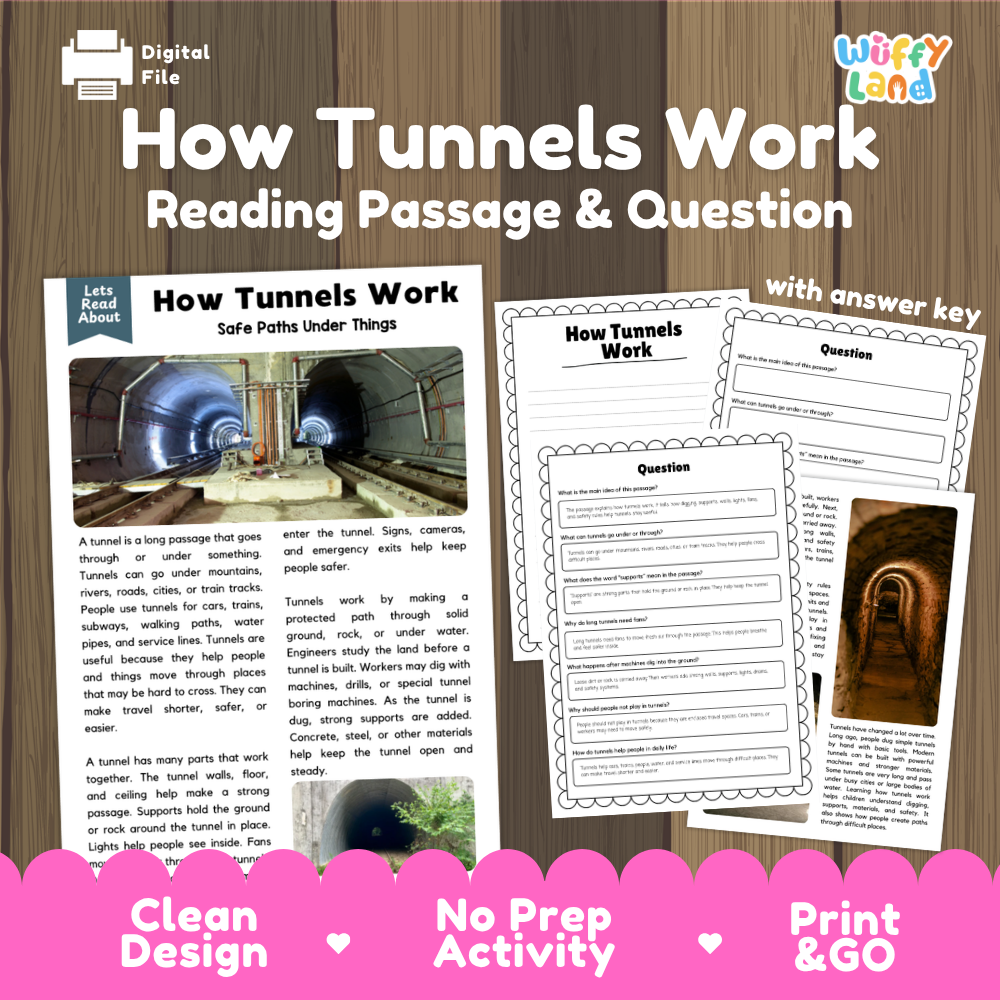 How tunnels work reading comprehension passage and questions printable activity pack with answer key for elementary students