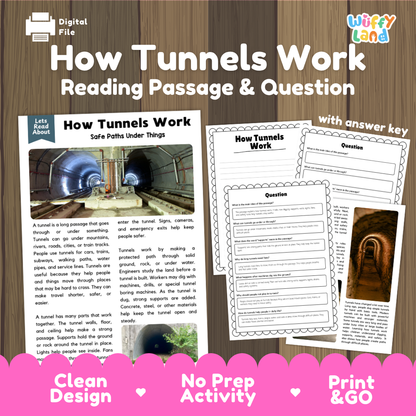 How tunnels work reading comprehension passage and questions printable activity pack with answer key for elementary students