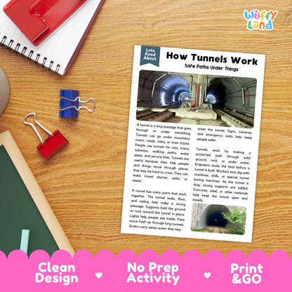 Student reading comprehension worksheet with short-answer questions and lined sections about tunnel construction