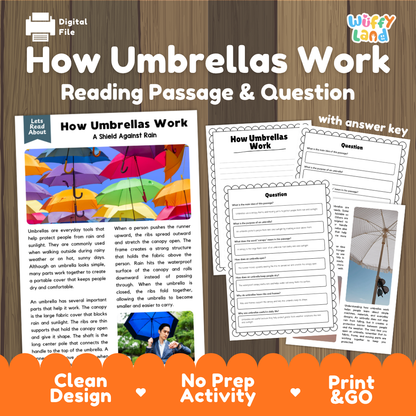 How Umbrellas Work reading comprehension passage and questions activity pack with full answer key for students