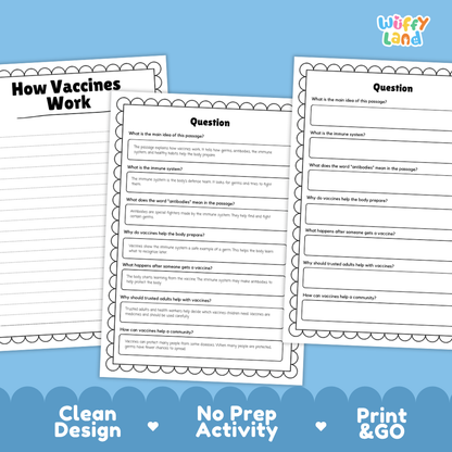 Informational reading passage page detailing vaccines immune system antibodies and germ protection with photos