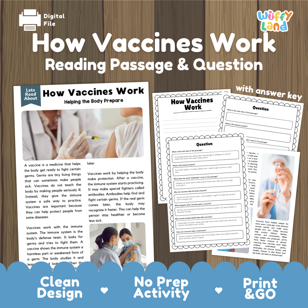 How vaccines work reading comprehension passage and questions printable activity pack with answer key for elementary students