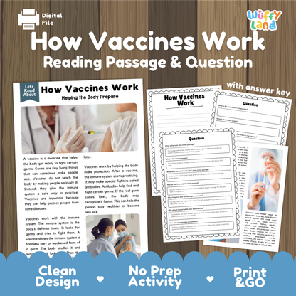 How vaccines work reading comprehension passage and questions printable activity pack with answer key for elementary students