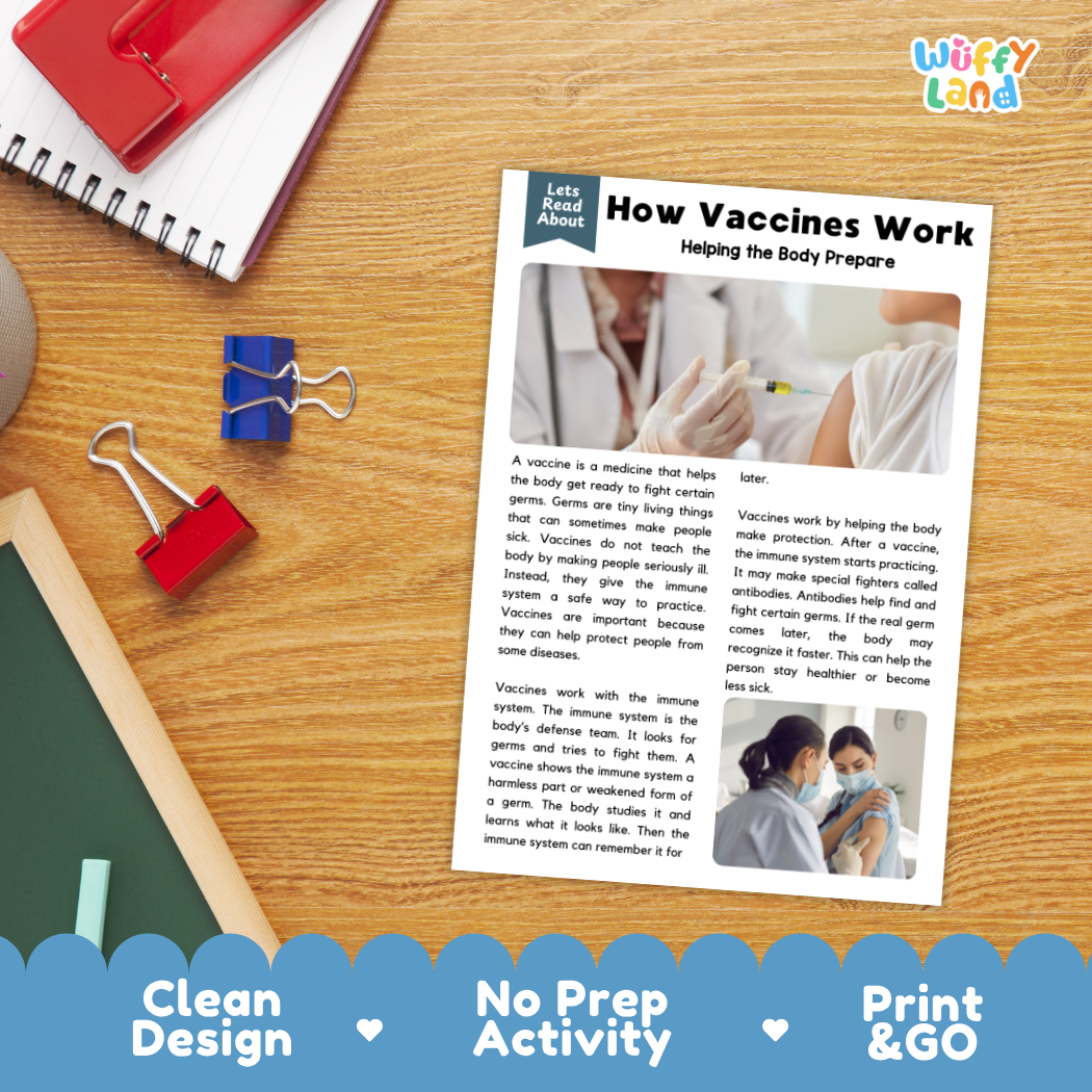 Student reading comprehension worksheet with short-answer questions and lined sections about how vaccines work