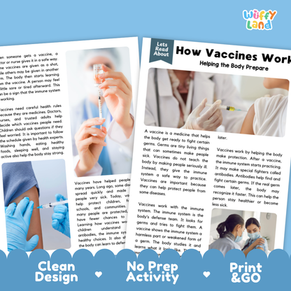 Teacher answer key page showing complete question solutions for how vaccines work reading comprehension practice