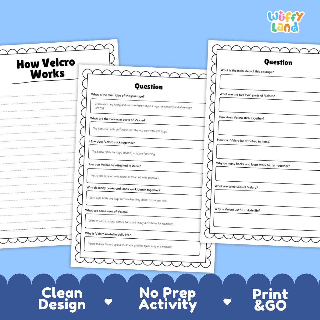 Educational reading passage explaining hooks, loops, fastening systems, and how Velcro works