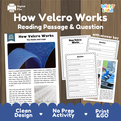 How Velcro Works reading comprehension passage and questions activity pack with full answer key for students