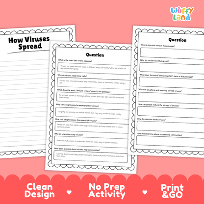 Educational reading passage explaining microscopic viruses, host cells, immune defense, and how viruses spread