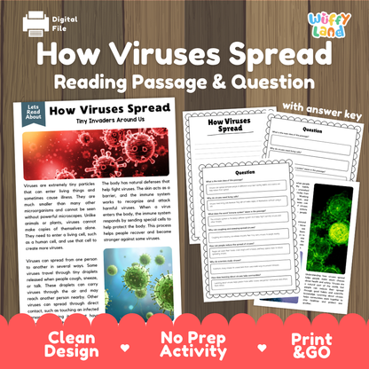How Viruses Spread reading comprehension passage and questions activity pack with full answer key for students
