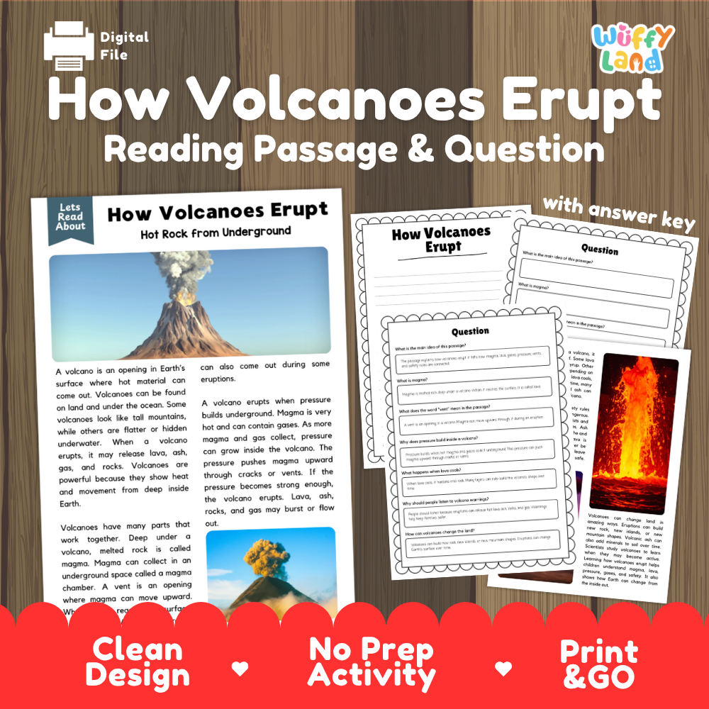 How volcanoes erupt reading comprehension passage and questions printable activity pack with answer key for elementary students