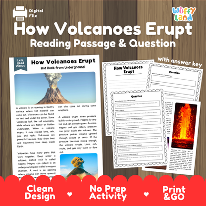 How volcanoes erupt reading comprehension passage and questions printable activity pack with answer key for elementary students
