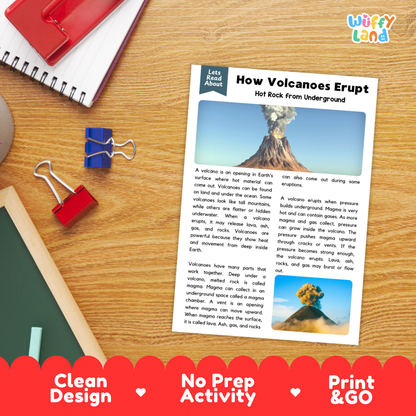 Student reading comprehension worksheet with short-answer questions and lined sections about how volcanoes erupt
