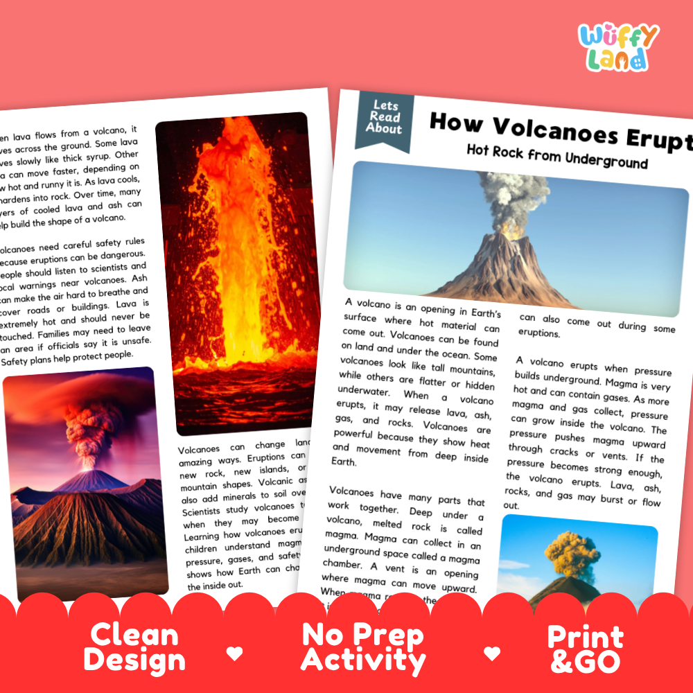 Teacher answer key page showing complete question solutions for how volcanoes erupt reading comprehension practice