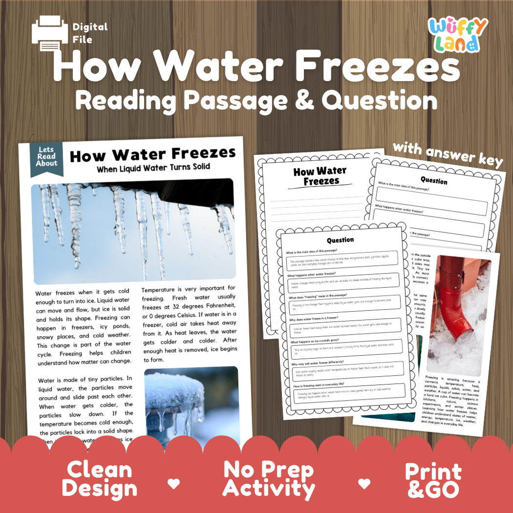 How Water Freezes reading comprehension passage and questions activity pack with full answer key for students