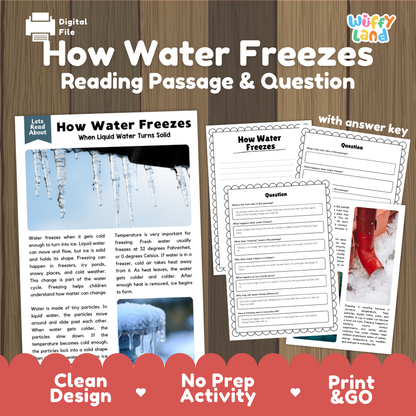 How Water Freezes reading comprehension passage and questions activity pack with full answer key for students